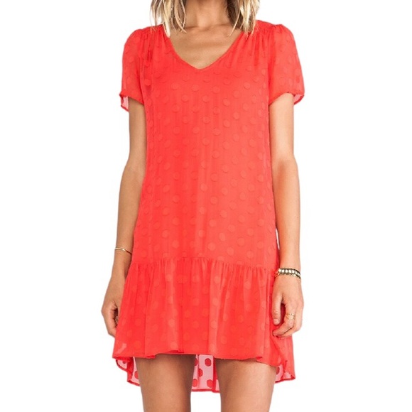 ELLA MOSS Sabine Sheer Silk Polka Dots Short Sleeve Dress, Rudy Red, Medium - Picture 1 of 5